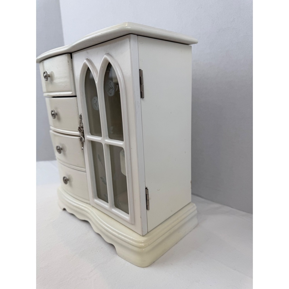 Vintage White Wooden Jewelry Armoire Cathedral Glass Door Tabletop Chest Mirror - Picture 3 of 14